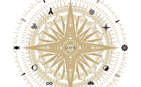 Ilustração da Bússola da Rituals com o amor no centro e símbolos espirituais à volta de uma estrela dourada.